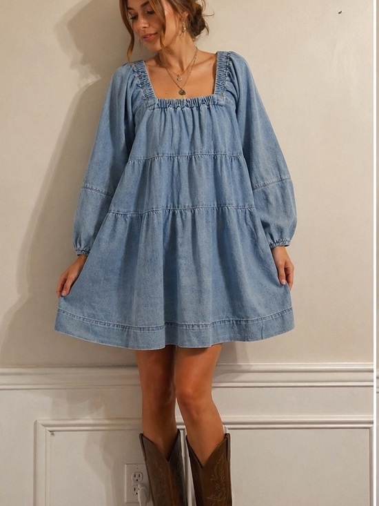 Free People Dresses & Skirts - Free People Lou Jean Babydoll Denim Pattered Dress size S